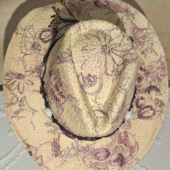 Floral Print Natural Straw Cowboy Hat Lavender-and Green-Festival - Picture 7 of 17